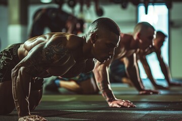 A group of men in a gym are doing push ups as part of their bodyweight exercise routine - obrazy, fototapety, plakaty