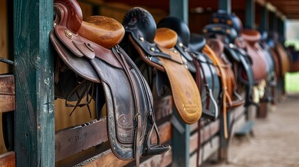 A Line of Horse Riding Saddles Displayed on the Fence of a Rustic Stable - obrazy, fototapety, plakaty