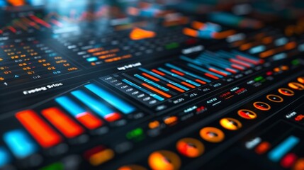 The modern analytics setting showcases a dynamic interface with colorful visuals that track economic data, highlighting the growth and progress across different financial sectors.