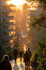 Photograph of people walking along the footpath in front, towards the camera, with residential buildings and trees on both sides, in the golden hour lighting.