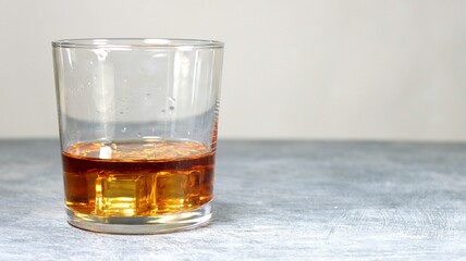Closeup of a glass of whiskey on a table