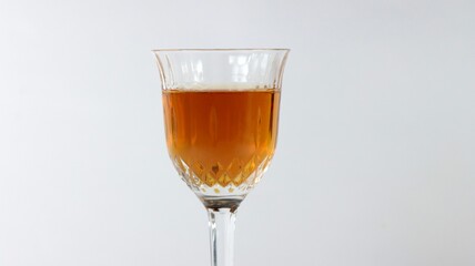 Closeup of a glass of brown cocktail on a white background