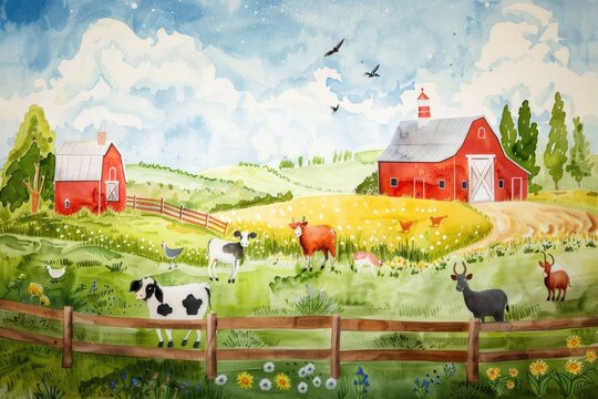 A sunny farm scene in watercolor with Have a Moovelous Birthday surrounded by farm animals in a barnyard party setting