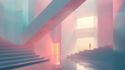 Silhouette of a person against a backdrop of surreal, futuristic architecture with vibrant colors and light.
