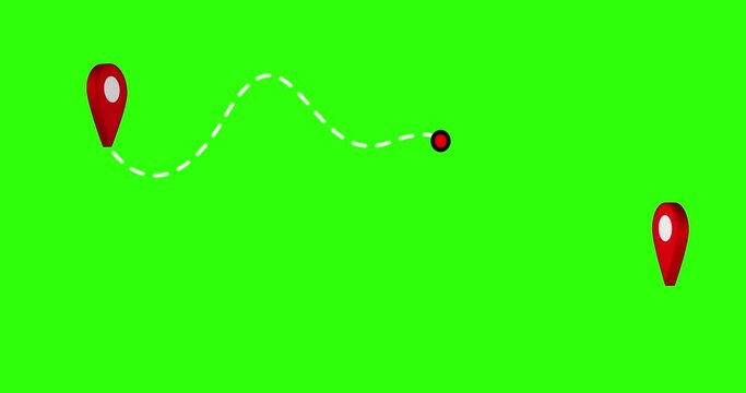 map animation of red point travel distance between two 3d location pin with white dash lines on green screen background