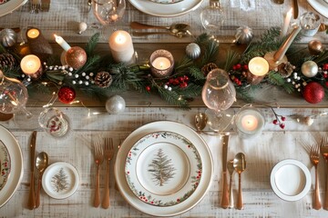 A festive table decorated for Christmas dinner, featuring elegant silverware, candles, and holiday decor