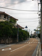 Empty Shuri city road lined with trees and buildings in Okinawa