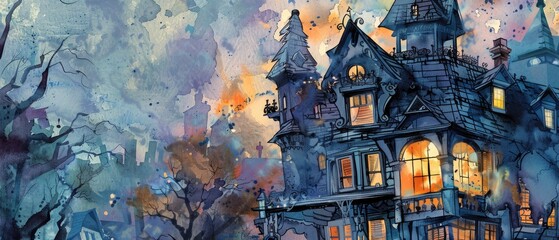 An enchanting watercolor of a theme park haunted house, with ghosts and ghouls peeking from windows