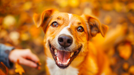 A delighted dog receiving belly rubs from its owner. - obrazy, fototapety, plakaty