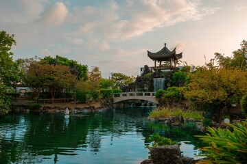 Stunning Japanese pagoda situated in the Fukushuen Garden in Naha, Okinawa, Japan