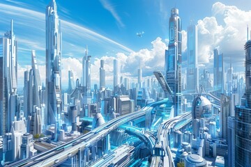 A futuristic city featuring sleek skyscrapers, innovative architecture, a bridge, and cars moving...