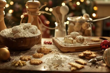 Fototapeta na wymiar A wooden table topped with a festive bowl filled with various cookies, enhancing the holiday baking scene