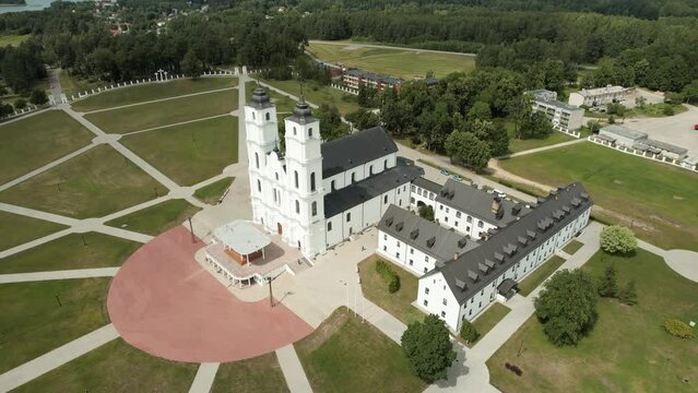 Aerial view of the historic Aglona Basilica and surrounding area in Latvia