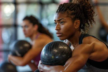 A group of women engaging in various exercises with medicine balls at the gym, including throws,...