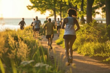 Several individuals are jogging on a path near the water, engaging in outdoor fitness activities - obrazy, fototapety, plakaty