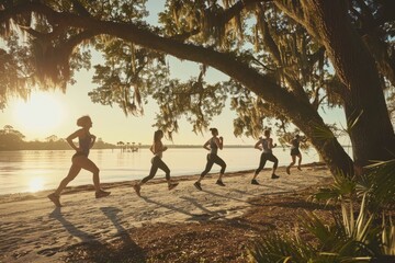 A group of individuals are jogging on the sandy beach near the ocean, enjoying a refreshing run under the clear sky - Powered by Adobe