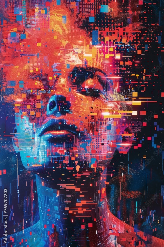 Poster digital artwork depicting a computer-generated interpretation of a human-like face, glitched and pix