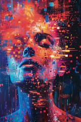 Digital artwork depicting a computer-generated interpretation of a human-like face, glitched and pixelated to convey a sense of artificial intelligence.