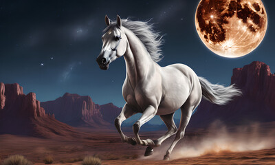 papier peint représentant un cheval au galop, en fond un environnement lunaire. - obrazy, fototapety, plakaty
