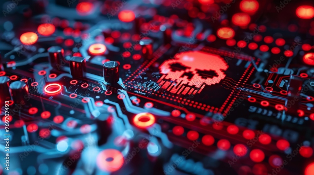 Poster visual representation of a digital interface showcasing symbols for cybersecurity threats and warnin