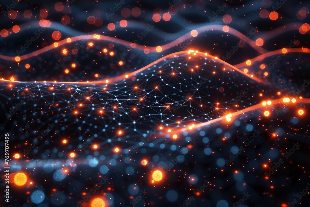Aufkleber create a vibrant depiction of a multi-layered technological network with illuminated pathways connec