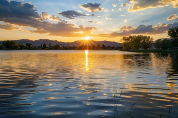 The sun sets over a lake, casting a warm glow on the calm waters, with mountains in the background