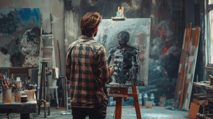 Artistry cyborg in art studio. AI Artificial intelligence generates works of art. Concept art illustration. Artists unemployed due to AI.