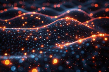 Create a vibrant depiction of a multi-layered technological network with illuminated pathways connecting each node in a intricate and interwoven pattern.