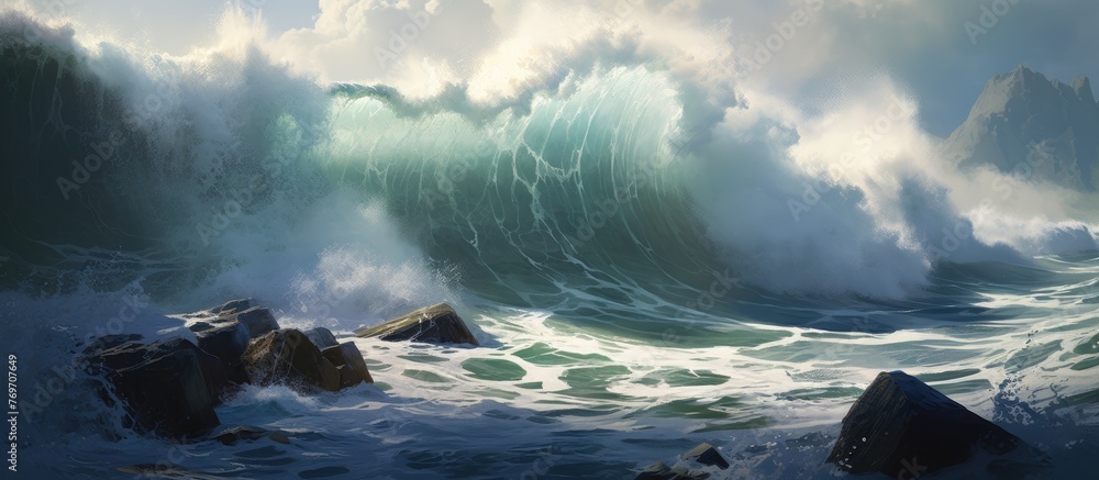 Poster a powerful wave is colliding with the rocky shore, creating a dramatic display of fluid dynamics in 