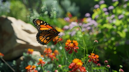 Butterfly Resting on Flowers in Park