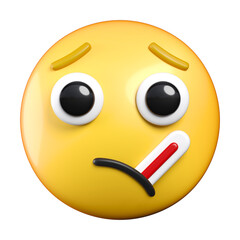 Emoji with Thermometer, emoticon with furrowed eyebrows and a thermometer in its mouth 3d rendering