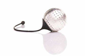 a ball shaped tea strainer on a white background with the lid removed