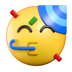 Partying Face emoji, face with a party hat blowing a party horn as confetti floats around its head emoticon 3d rendering