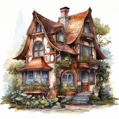 Fototapeta premium watercolor Kawaii Gingerbread House clipart, Generative Ai
