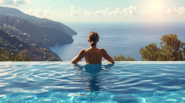 Infinite Views, Intimate Moments - A Young Woman Contemplates the Scenic Splendor of Ocean and Mountains from an Infinity Pool