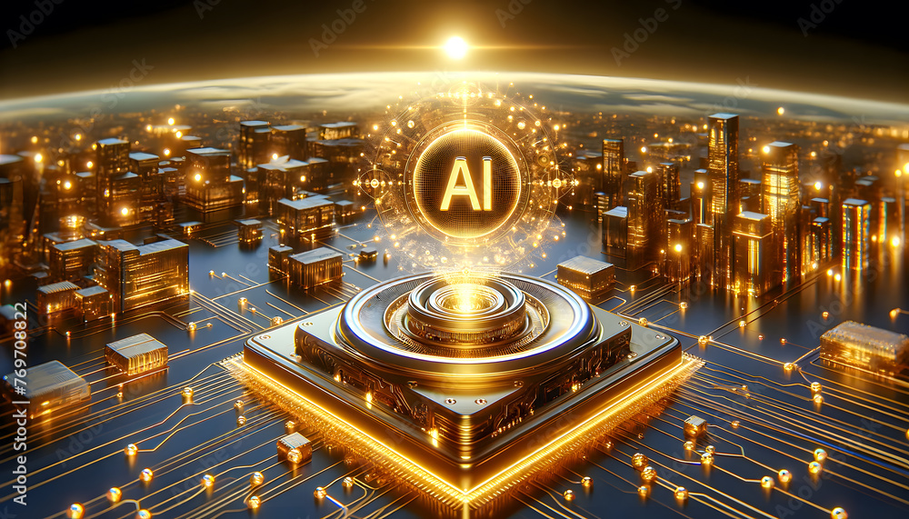 Poster an ai security guard in a futuristic setting, blending elements of advanced technology and robust se