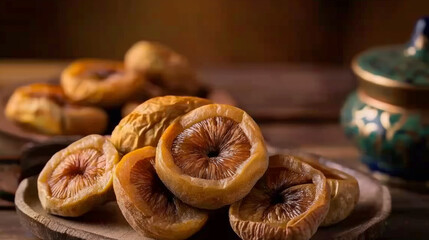 Dry figs or Anjeer are displayed in a white plate on a white background, representing healthy and nutritious sun-dried fruits