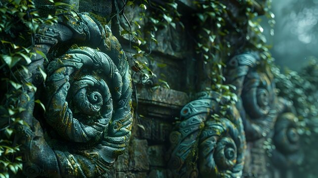 Vines and Ancient Artifacts Intricately Entwined in a Mystical Fantasy Landscape