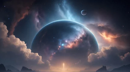 Poster Fantasy landscape with planet and nebula. 3D illustration. © anamulhaqueanik