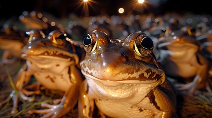Chorus of Mystical Frogs Crooning Under the Starry Midnight Sky in a Fantastical Forest - obrazy, fototapety, plakaty