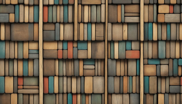 Grungy wooden blocks aligned. Wide format.    . colorful background 