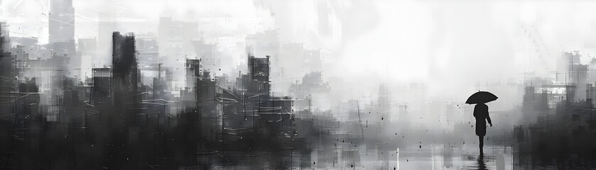 Solitary Silhouette Navigates Grayscale Cityscape Under Umbrella Amid Gloomy Rainy Atmosphere