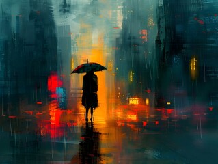 A Solitary Figure Navigates Through an Abstract Rainy Cityscape Blurring the Lines Between Reality and Imagination
