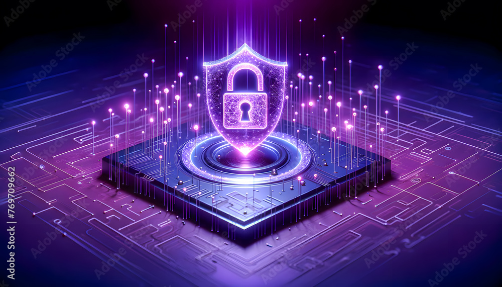 Poster an ai security guard in a futuristic setting, blending elements of advanced technology and robust se