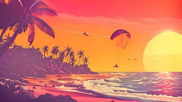 Paragliding on the beach in oil painting style