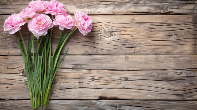 A bouquet of pink flowers sits on a wooden table. The flowers are arranged in a way that they are all facing the same direction, creating a sense of harmony and balance