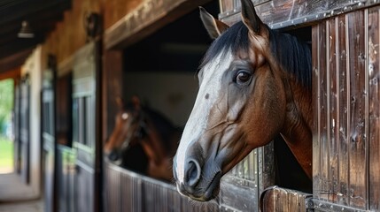 The Noble Gaze of a Thoroughbred Horse Peering Over Wooden Stable Doors