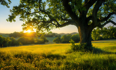 Fototapeta na wymiar Green Nature In The Countryside On The Background Of A Beautiful Sunrise