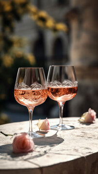 Two crystal glasses of pink wine. 