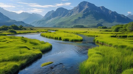 River winding its way through a lush green grassy field with mountain background.